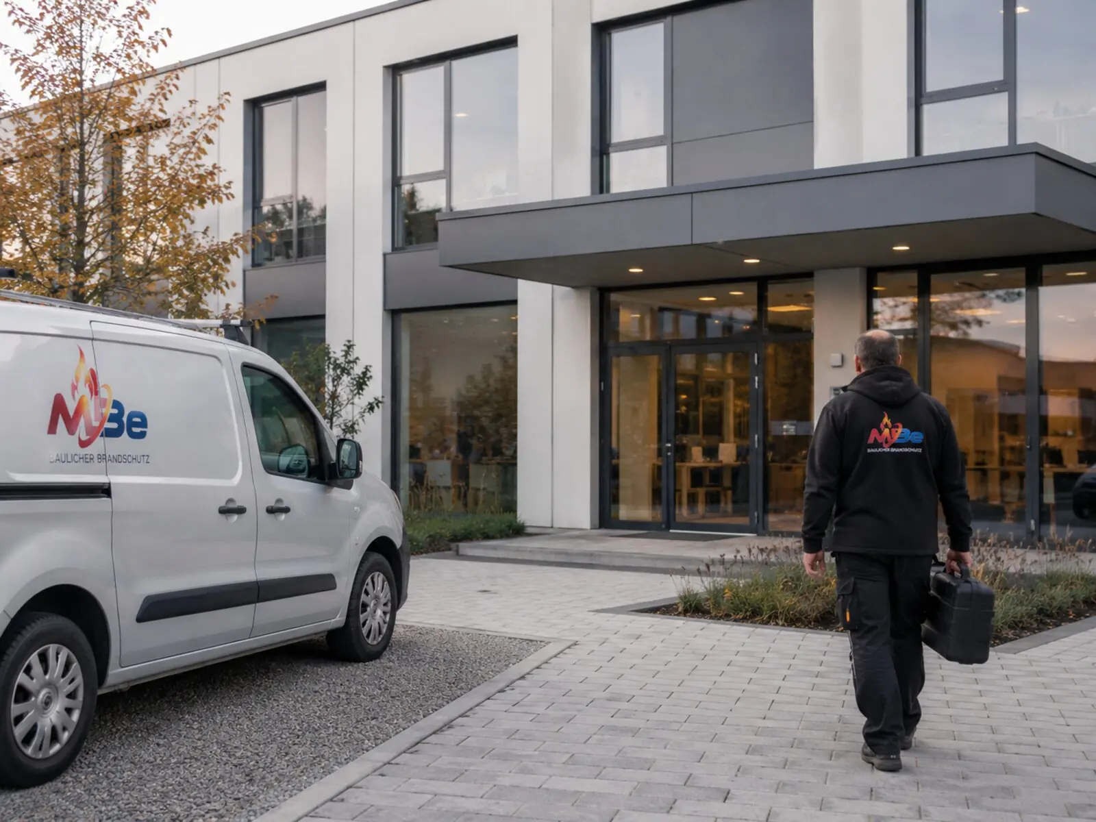 MBe-Servicefahrzeug vor einer Wohnanlage, Monteur auf dem Weg zur Begehung
